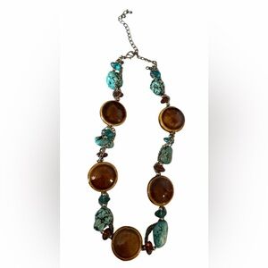 #650 Turquoise Stone &!Brown Ceramic Bead Statement Necklace